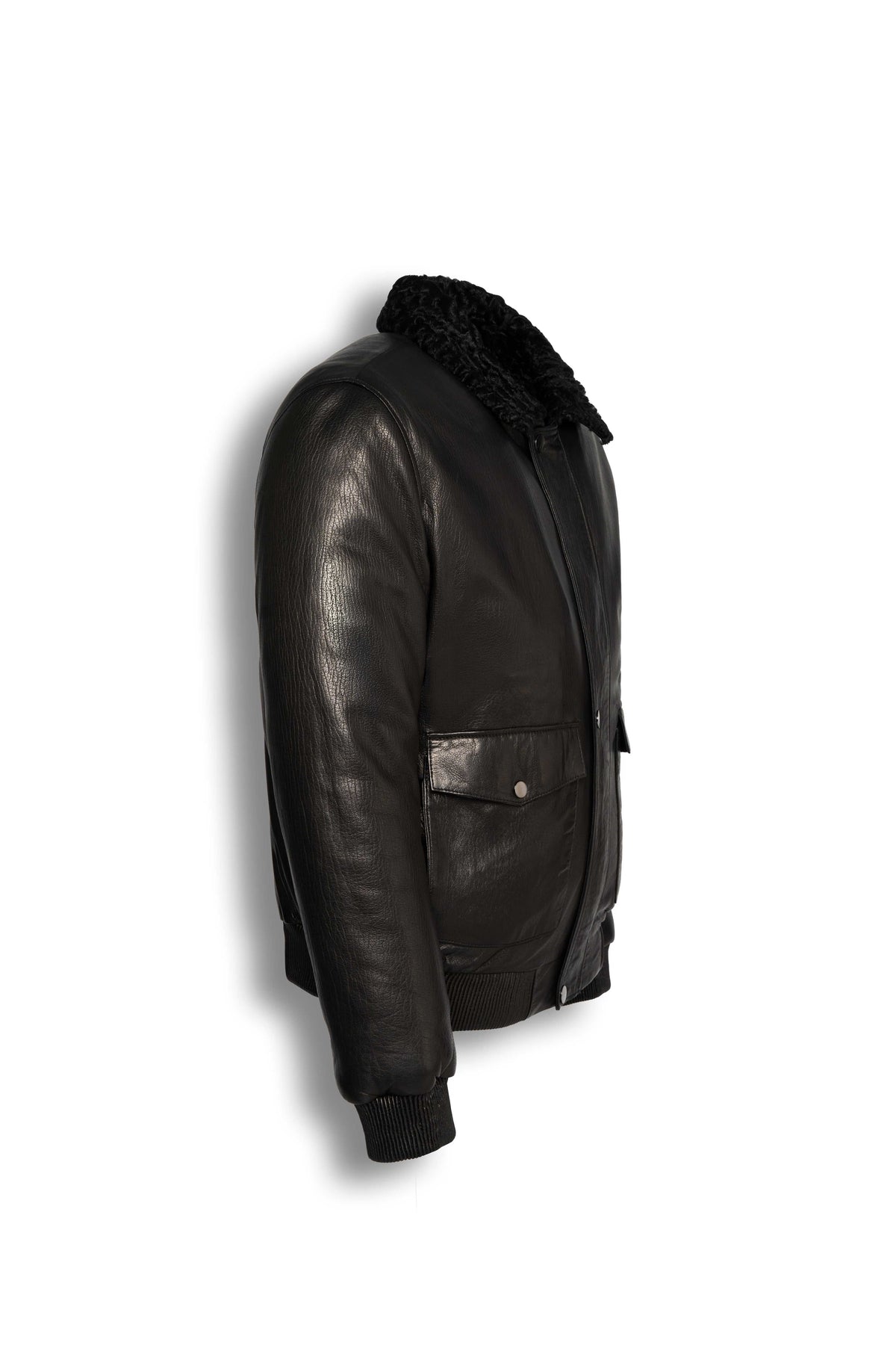 Black shearling leather bomber jacket with curly lamb collar and military-inspired design
