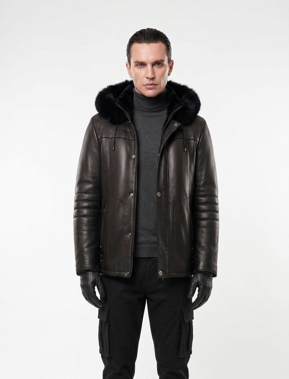 Black genuine shearling hooded leather jacket made from premium sheepskin with natural shearling lining