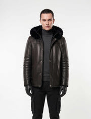 Black genuine shearling hooded leather jacket made from premium sheepskin with natural shearling lining