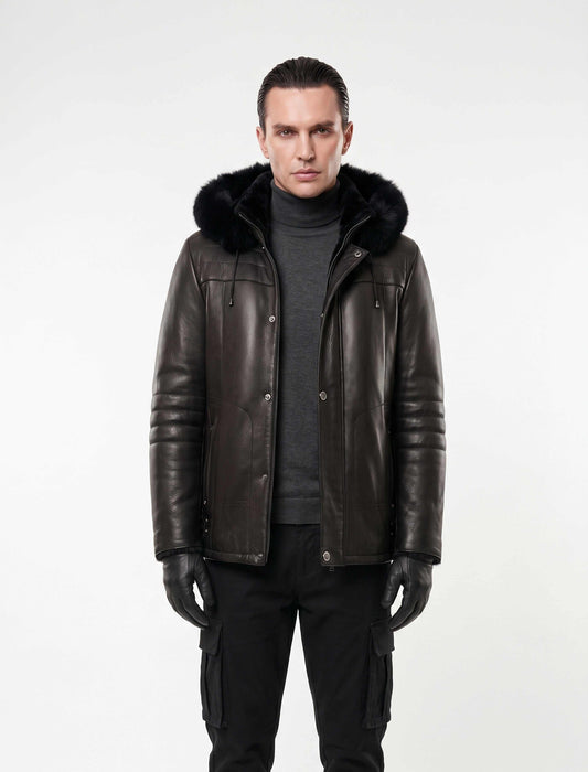 Black genuine shearling hooded leather jacket made from premium sheepskin with natural shearling lining