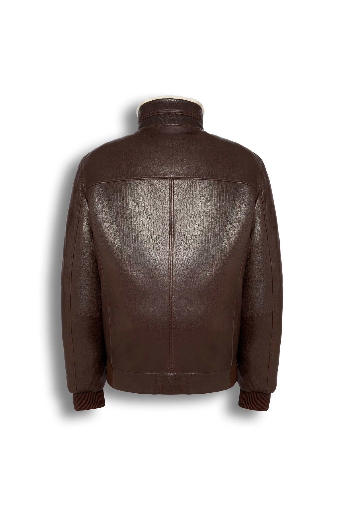 Brown genuine shearling bomber leather jacket with cream shearling lining for warmth and style
