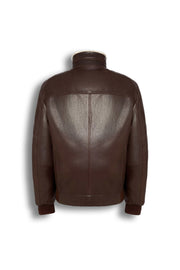 Brown genuine shearling bomber leather jacket with cream shearling lining for warmth and style