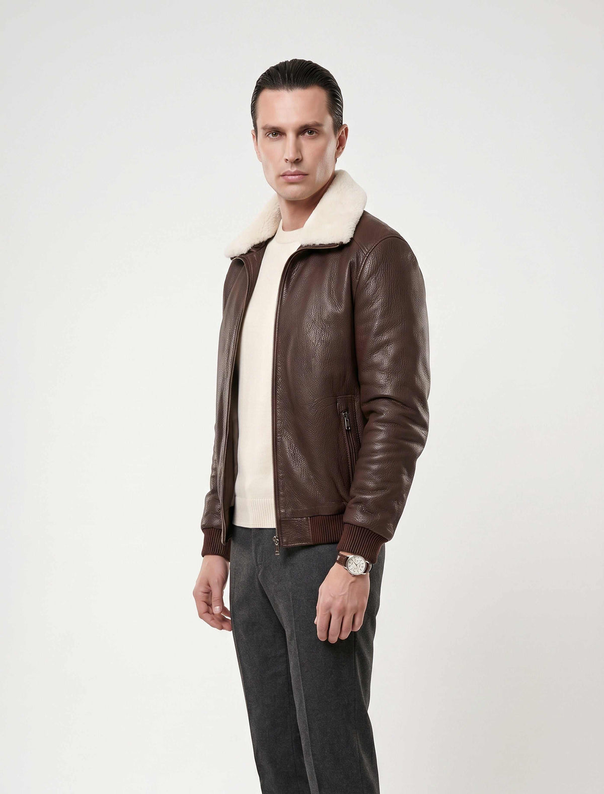 Brown genuine shearling bomber leather jacket with cream shearling lining for warmth and elegance