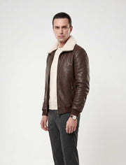 Brown genuine shearling bomber leather jacket with cream shearling lining for warmth and elegance