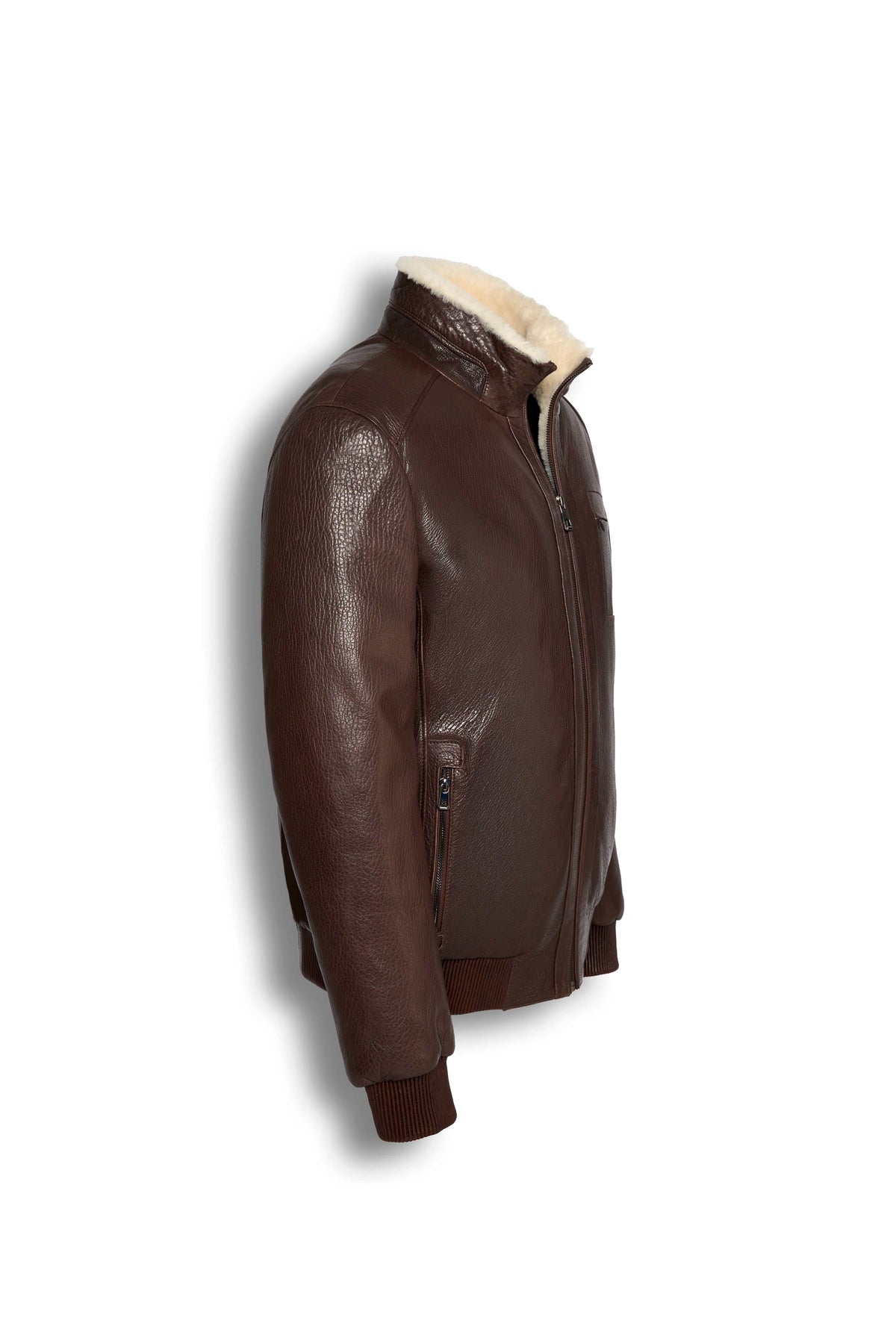 Brown genuine shearling bomber leather jacket with cream shearling lining for warmth and style