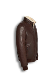 Brown genuine shearling bomber leather jacket with cream shearling lining for warmth and style