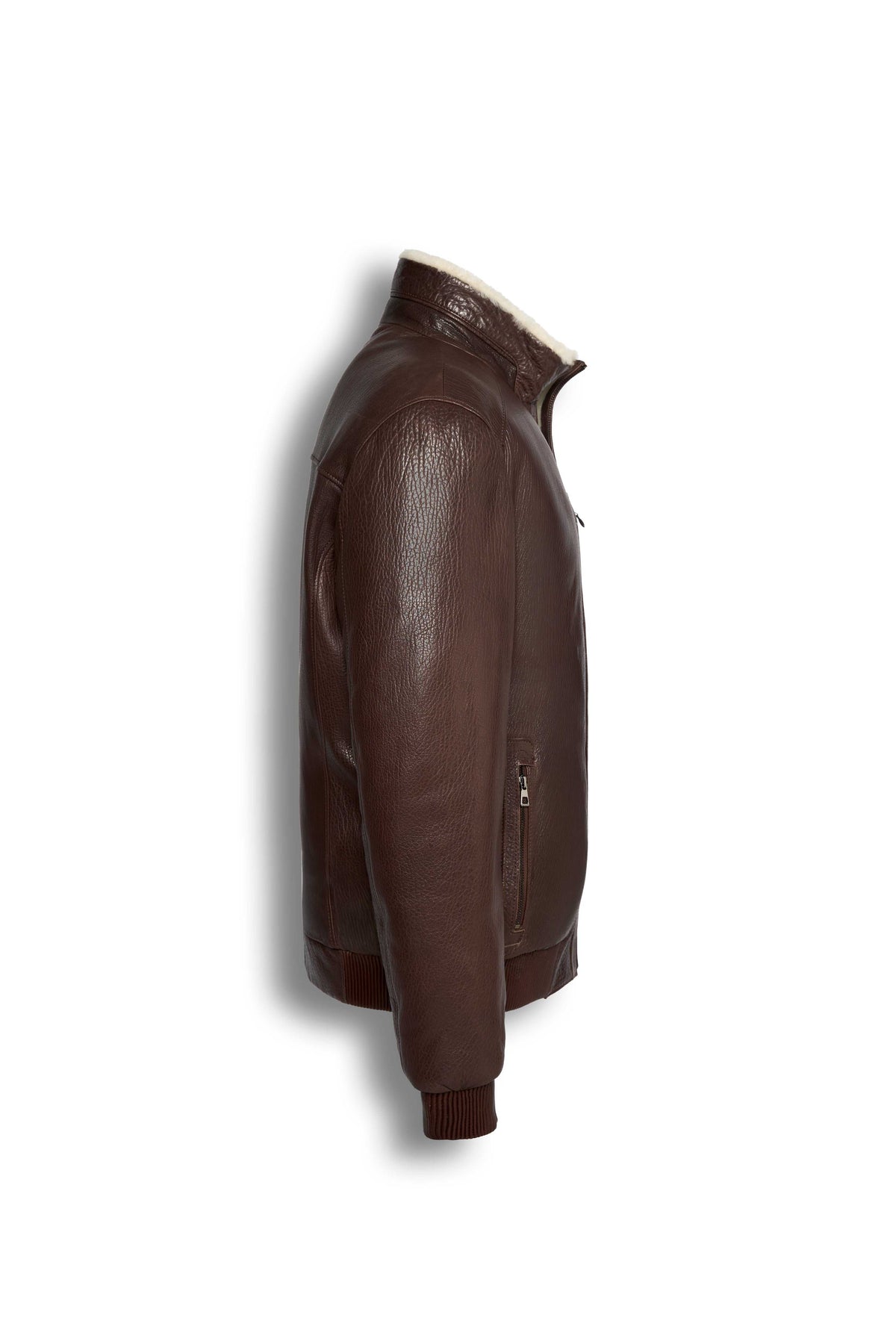 Brown genuine shearling bomber leather jacket with cream lining and premium sheepskin material
