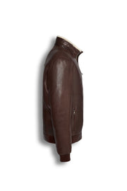 Brown genuine shearling bomber leather jacket with cream lining and premium sheepskin material