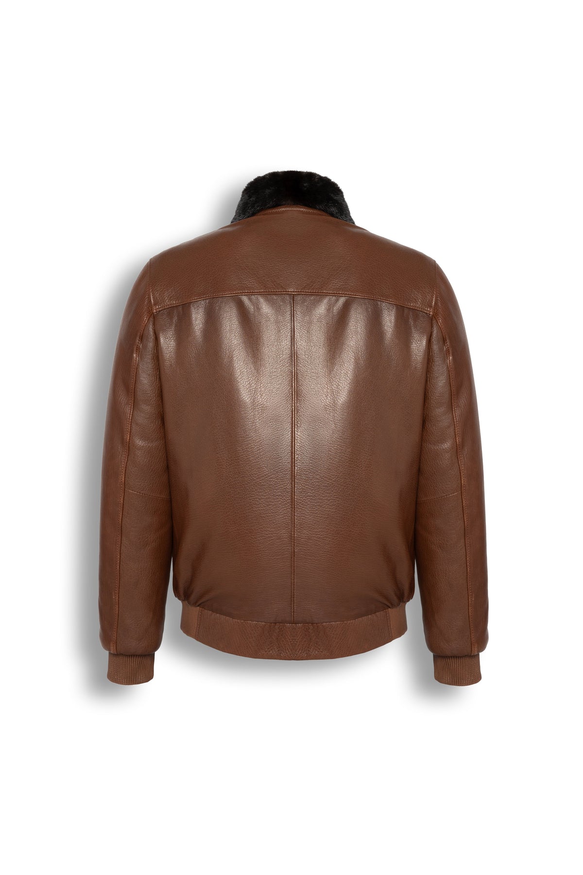 Men's brown leather bomber jacket with black mink fur collar on a white background