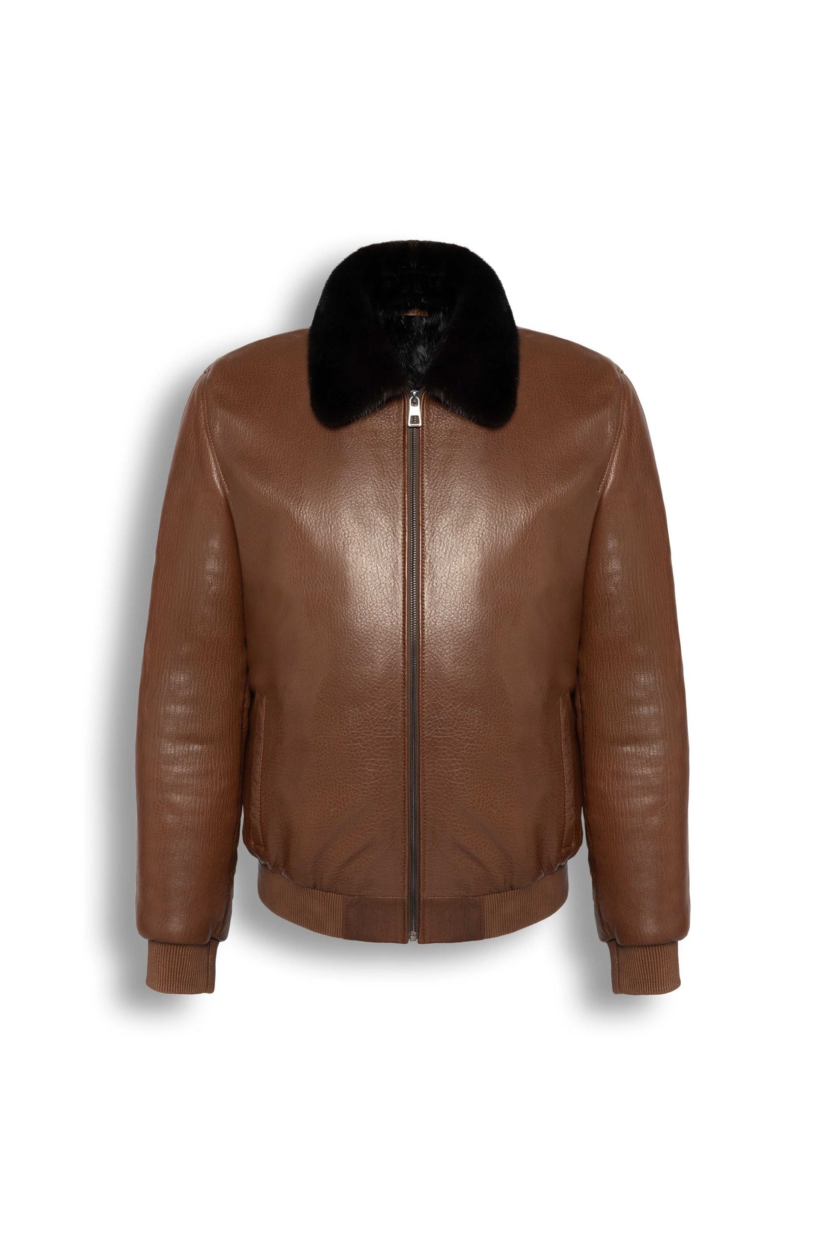 Men's Brown Leather Bomber Jacket with black mink fur collar and premium lamb leather design