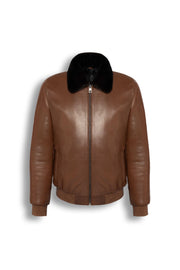 Men's Brown Leather Bomber Jacket with black mink fur collar and premium lamb leather design