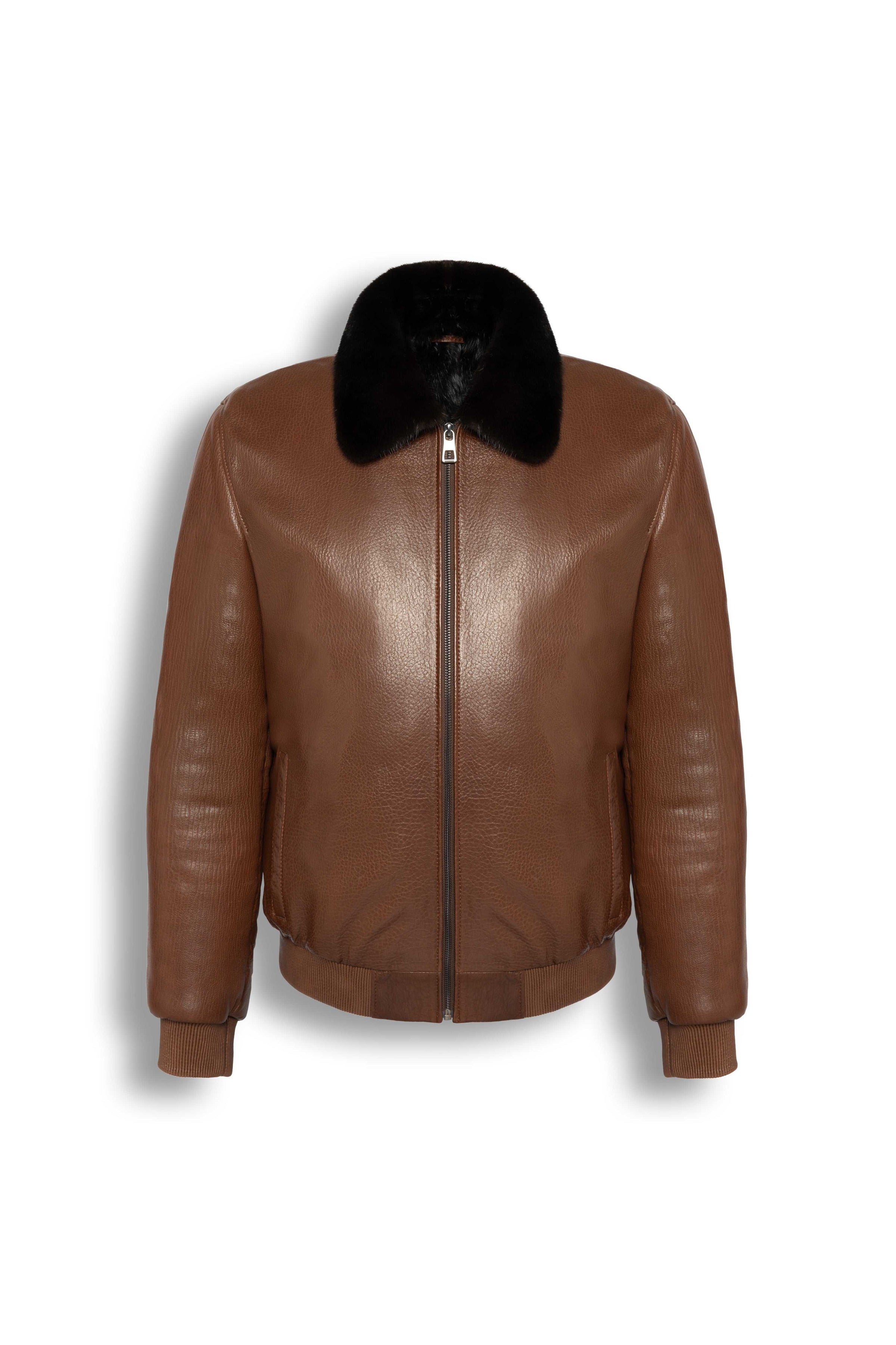 Men's Brown Leather Bomber Jacket with black mink fur collar and premium lamb leather design