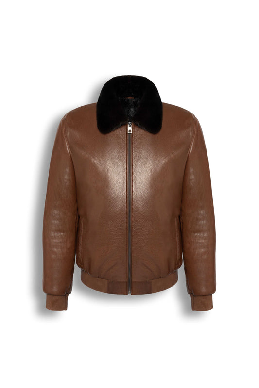 Men's Brown Leather Bomber Jacket with black mink fur collar and premium lamb leather design