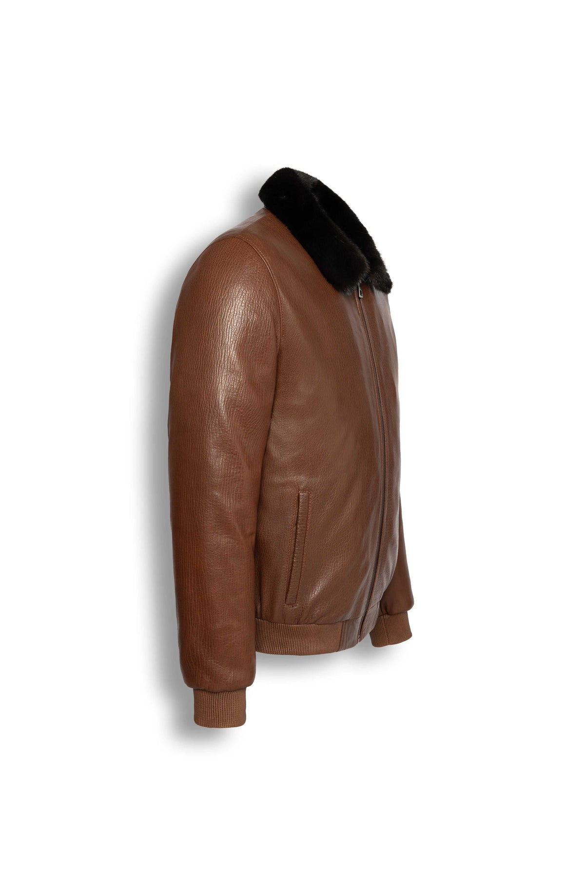 Men's brown leather bomber jacket with black mink fur collar on a white background