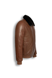 Men's brown leather bomber jacket with black mink fur collar on a white background