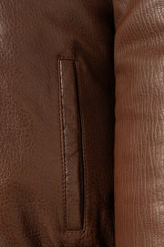Men's brown leather bomber jacket with black mink fur collar and lamb leather finish