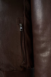 Brown genuine shearling bomber leather jacket with cream lining for warmth and style