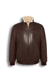 Brown genuine shearling bomber leather jacket made from premium sheepskin with cream lining
