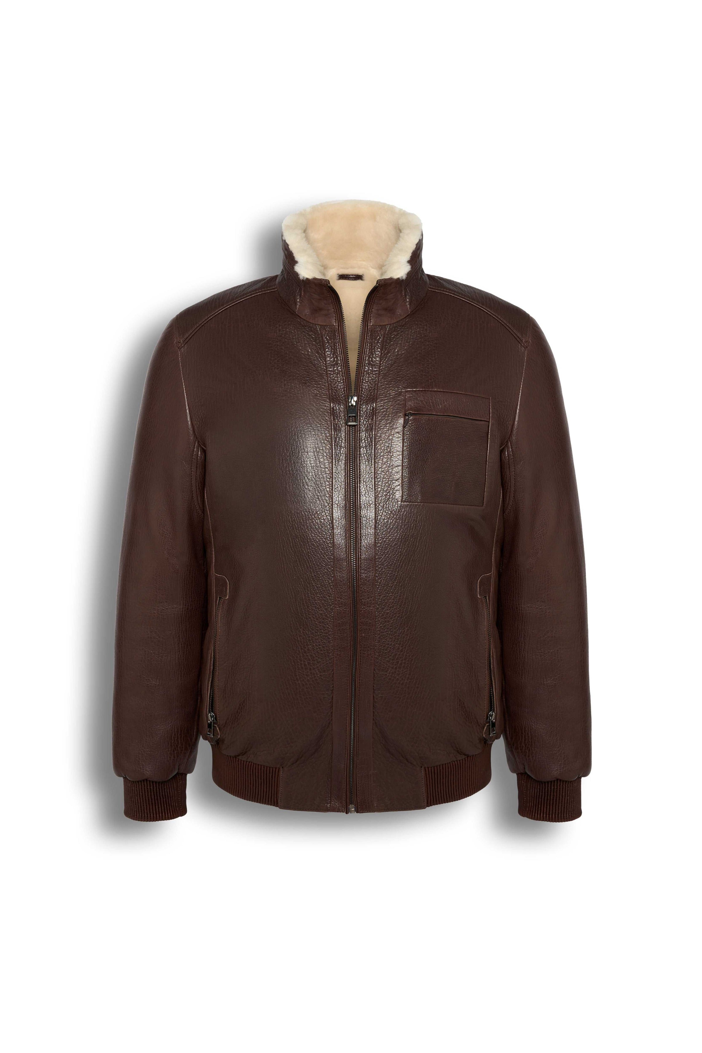 Brown genuine shearling bomber leather jacket made from premium sheepskin with cream lining