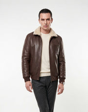 Brown genuine shearling bomber leather jacket with cream lining