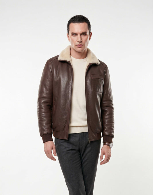 Brown genuine shearling bomber leather jacket with cream lining