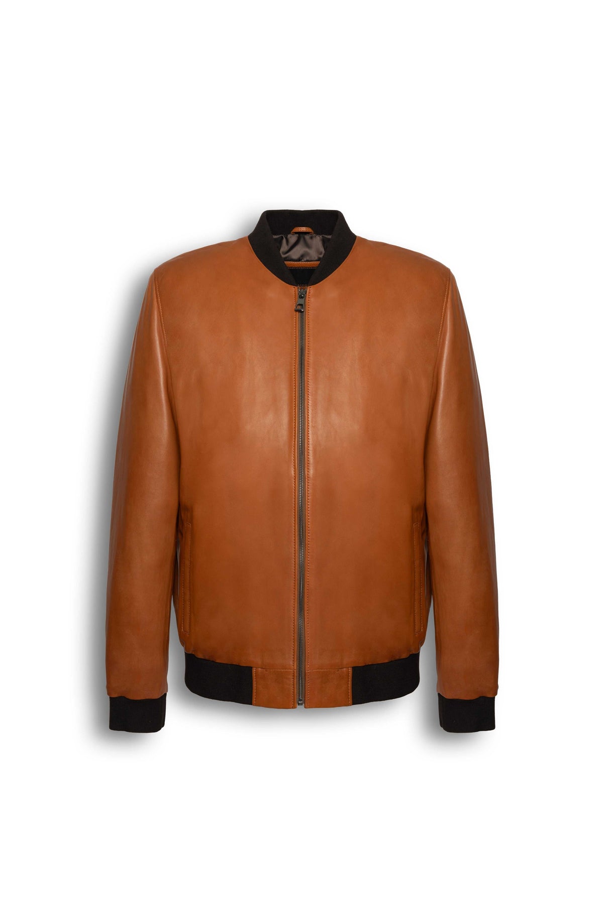 Caelen Men’s genuine leather bomber jacket in cognac with rib-knit trims
