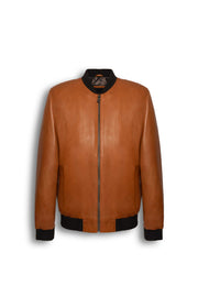 Caelen Men’s genuine leather bomber jacket in cognac with rib-knit trims