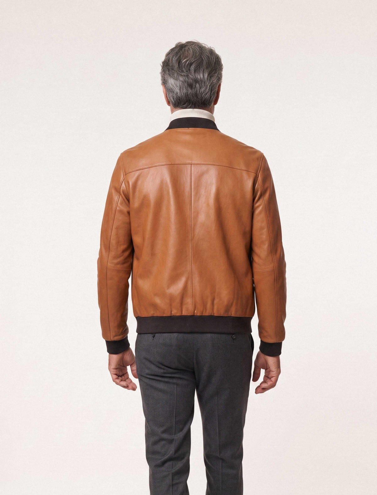 Caelen Men’s genuine leather bomber jacket in cognac with rib-knit trims