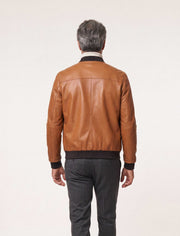 Caelen Men’s genuine leather bomber jacket in cognac with rib-knit trims