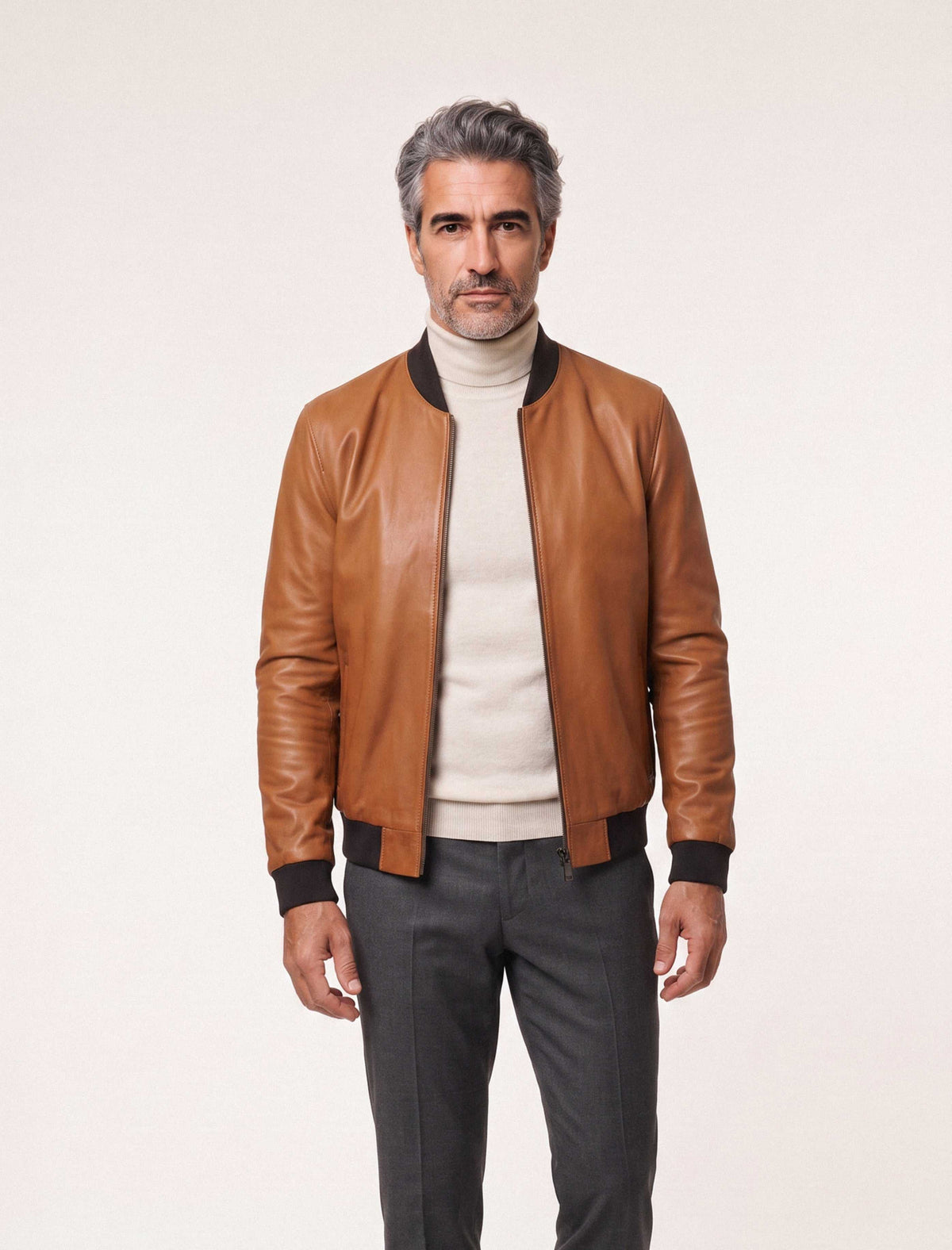 Caelen Men’s genuine leather bomber jacket in cognac with rib-knit trims
