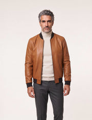 Caelen Men’s genuine leather bomber jacket in cognac with rib-knit trims