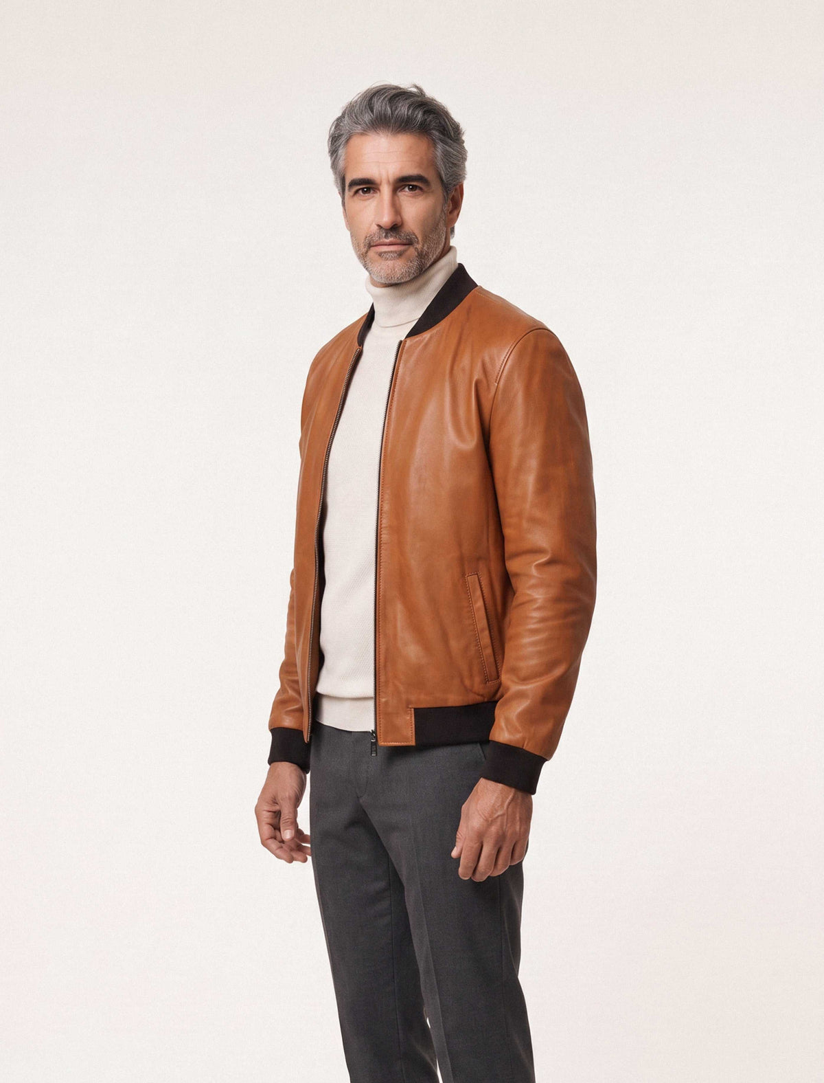 Caelen Men’s genuine leather bomber jacket in cognac with rib-knit trims and clean lines