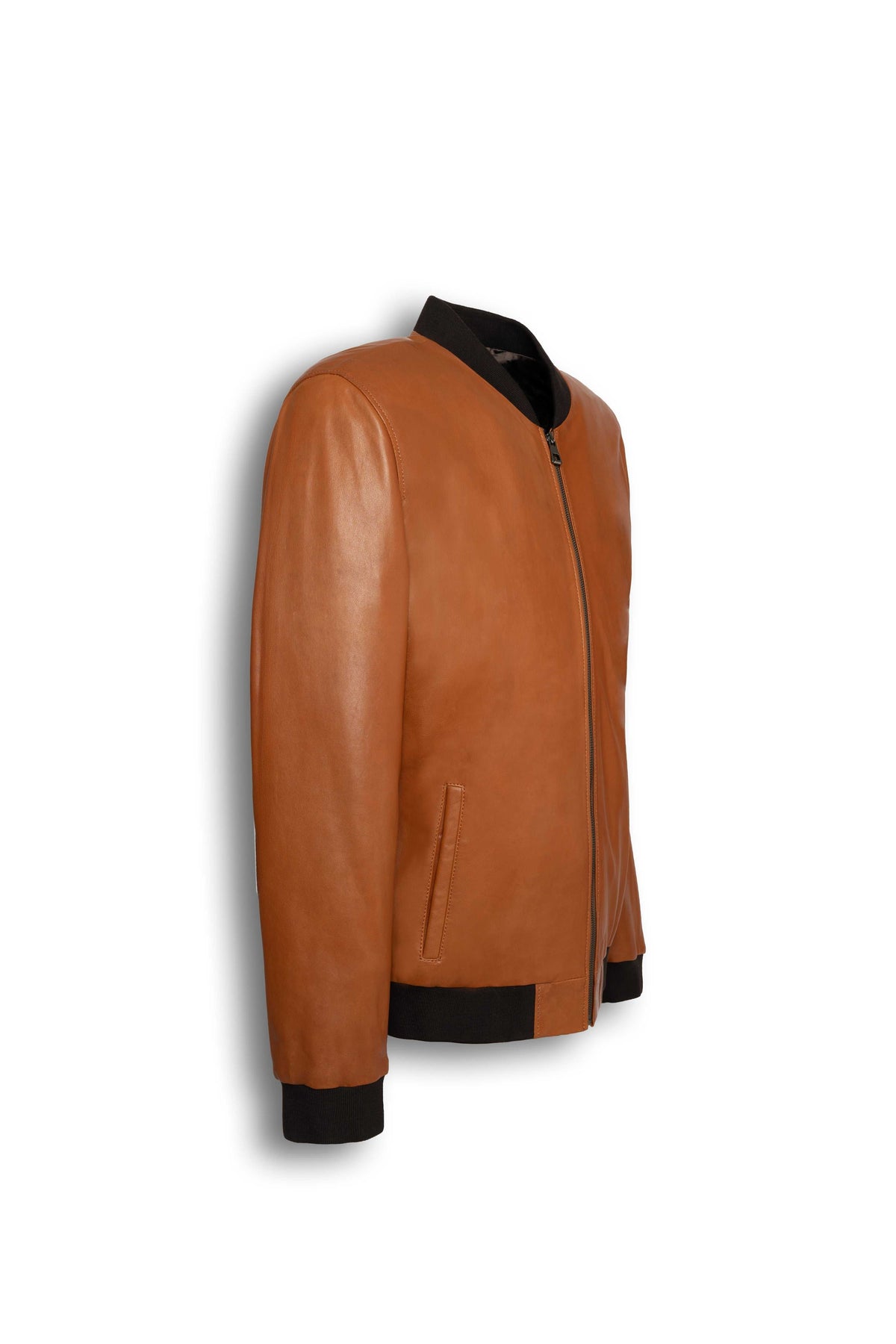 Caelen Men’s genuine leather bomber jacket in rich cognac with rib-knit trims and classic silhouette