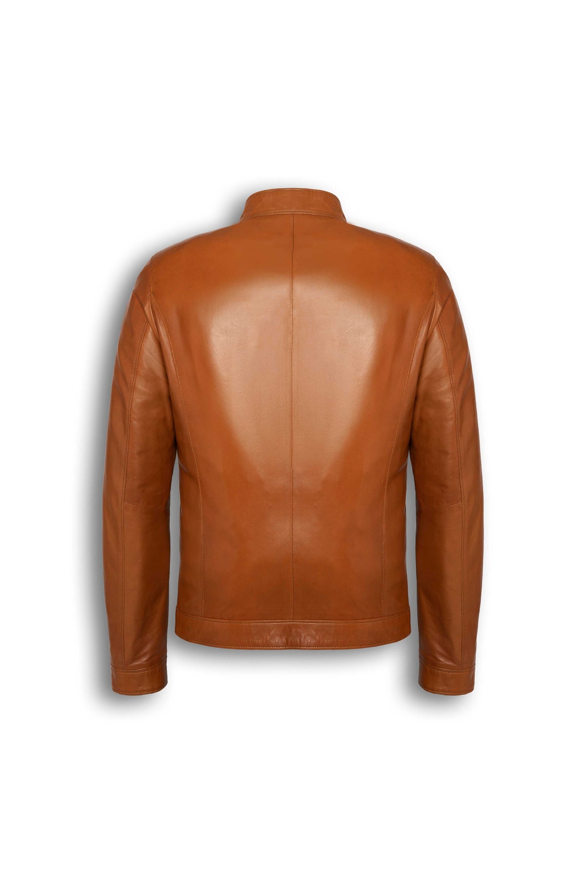 Camden Cognac Leather Racer Jacket handcrafted from genuine lambskin with sleek collar and metal hardware