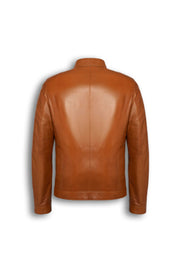 Camden Cognac Leather Racer Jacket handcrafted from genuine lambskin with sleek collar and metal hardware