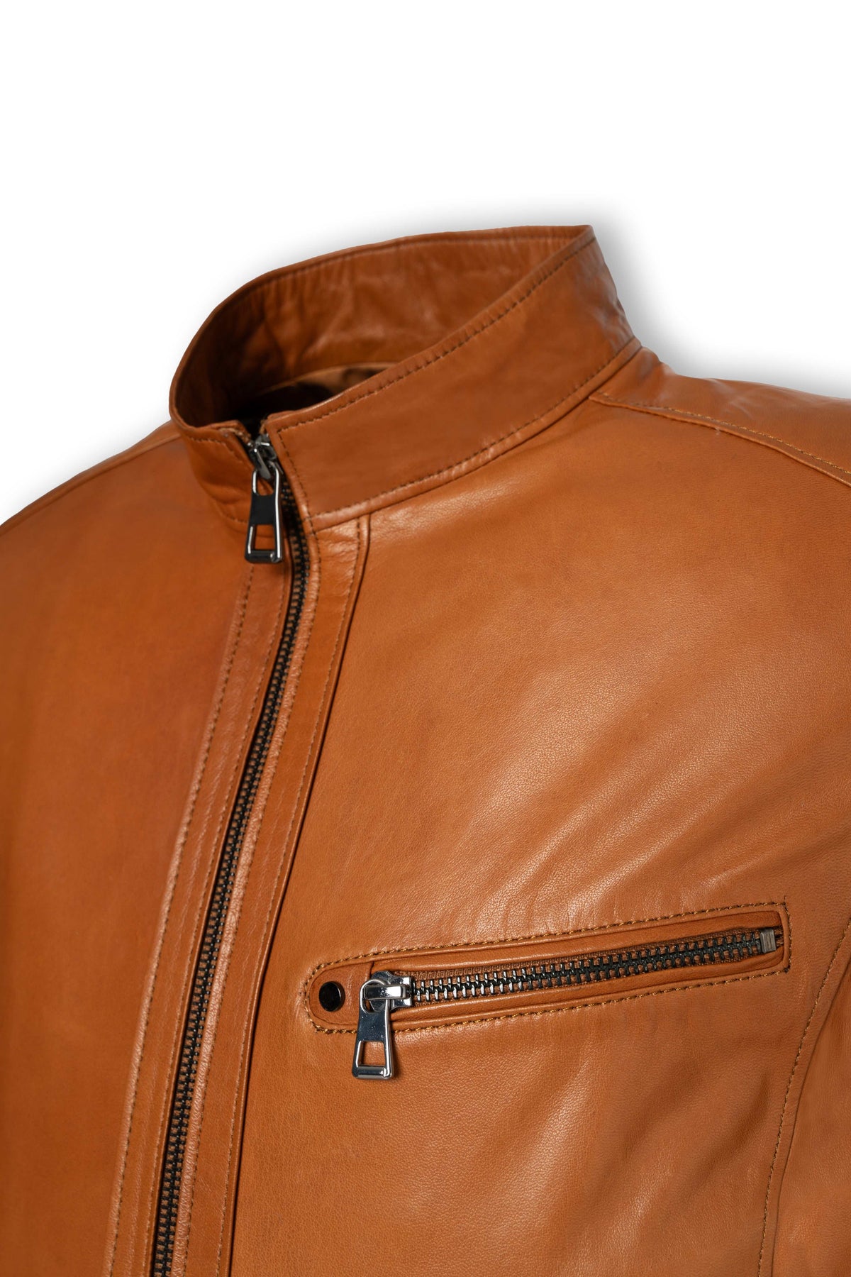 Camden Cognac Leather Racer Jacket handcrafted lambskin leather men's sleek design
