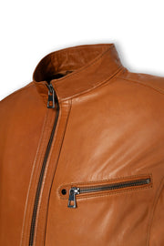 Camden Cognac Leather Racer Jacket handcrafted lambskin leather men's sleek design