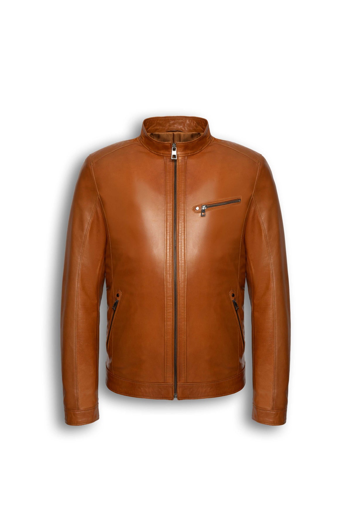 Camden Cognac Leather Racer Jacket in premium lambskin with sleek collar and metal hardware