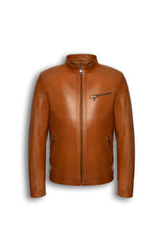 Camden Cognac Leather Racer Jacket in premium lambskin with sleek collar and metal hardware