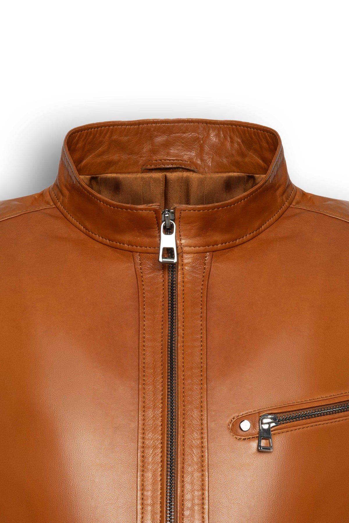 Men's Camden Cognac Leather Racer Jacket in premium lambskin with sleek collar and metal hardware