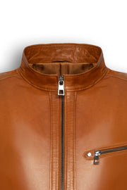 Men's Camden Cognac Leather Racer Jacket in premium lambskin with sleek collar and metal hardware