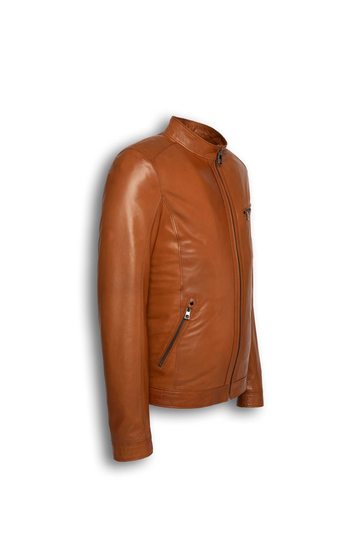 Camden Cognac Leather Racer Jacket made from premium lambskin with sleek collar and metal hardware