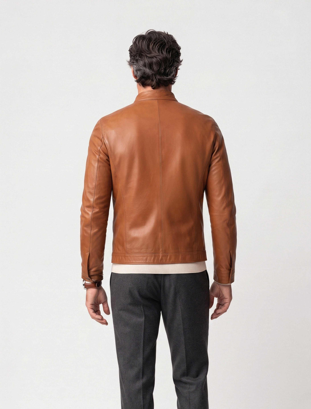 Camden Cognac Leather Racer Jacket handcrafted from premium lambskin with sleek collar and minimalist design
