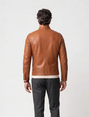 Camden Cognac Leather Racer Jacket handcrafted from premium lambskin with sleek collar and minimalist design