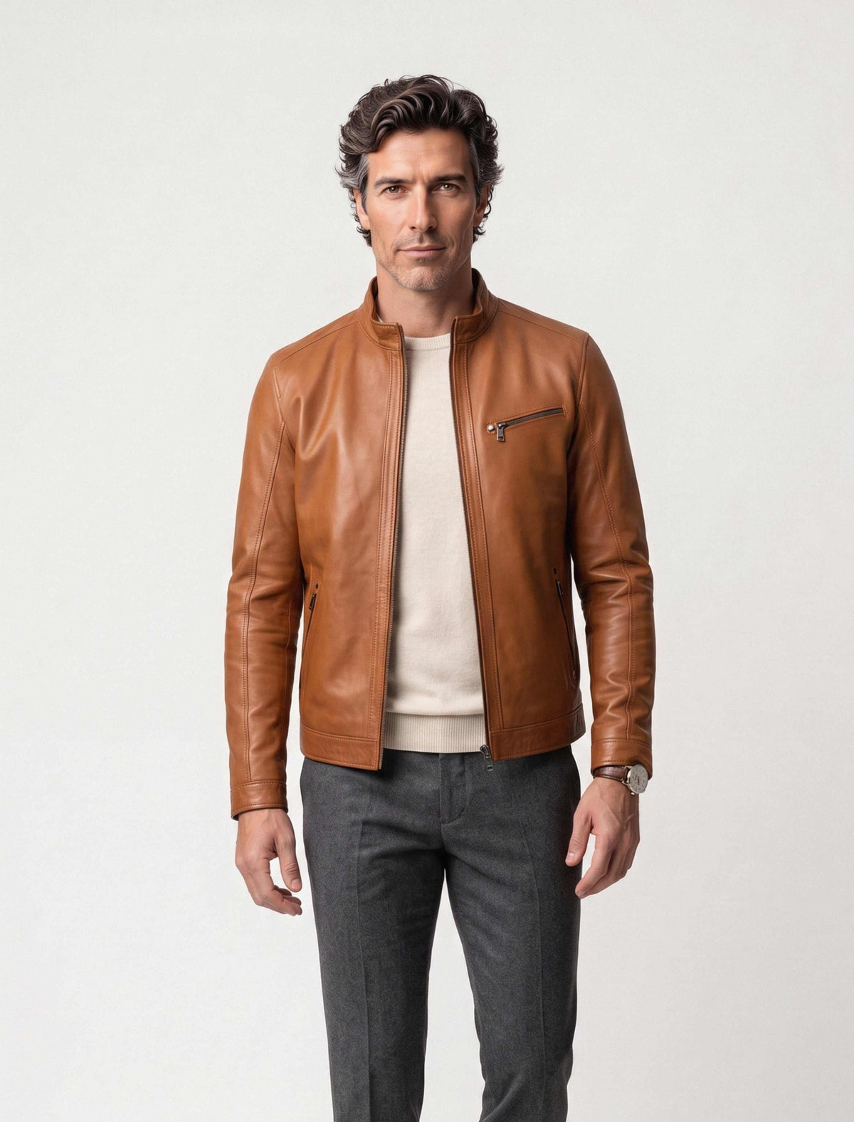 Men's Camden Cognac Leather Racer Jacket in lambskin with sleek collar and metal hardware