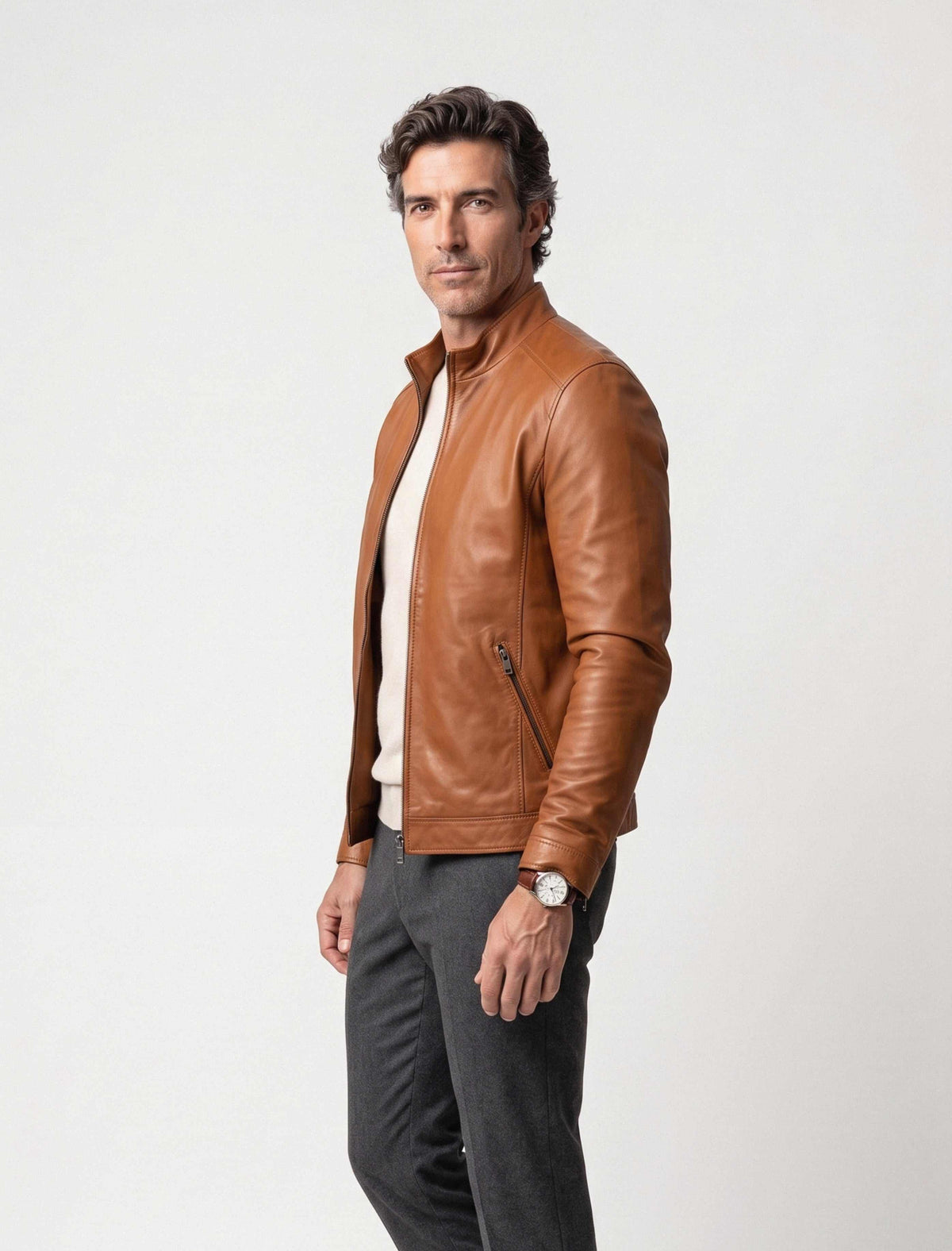 Camden Cognac Leather Racer Jacket in premium lambskin with sleek design and metal hardware