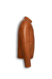 Camden Cognac Leather Racer Jacket handcrafted from premium lambskin with sleek collar and refined metal hardware