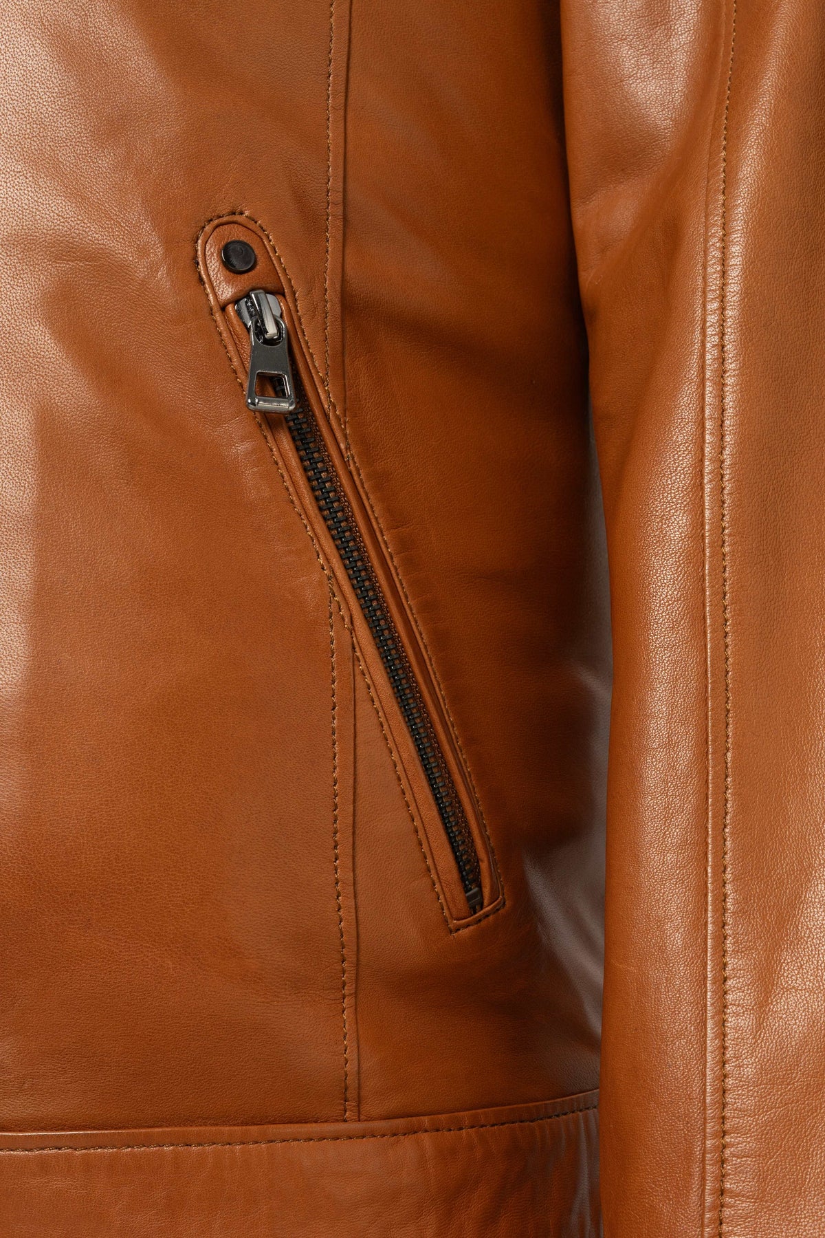 Camden Cognac Leather Racer Jacket in premium lambskin with sleek design and metal hardware