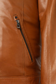 Camden Cognac Leather Racer Jacket in premium lambskin with sleek design and metal hardware