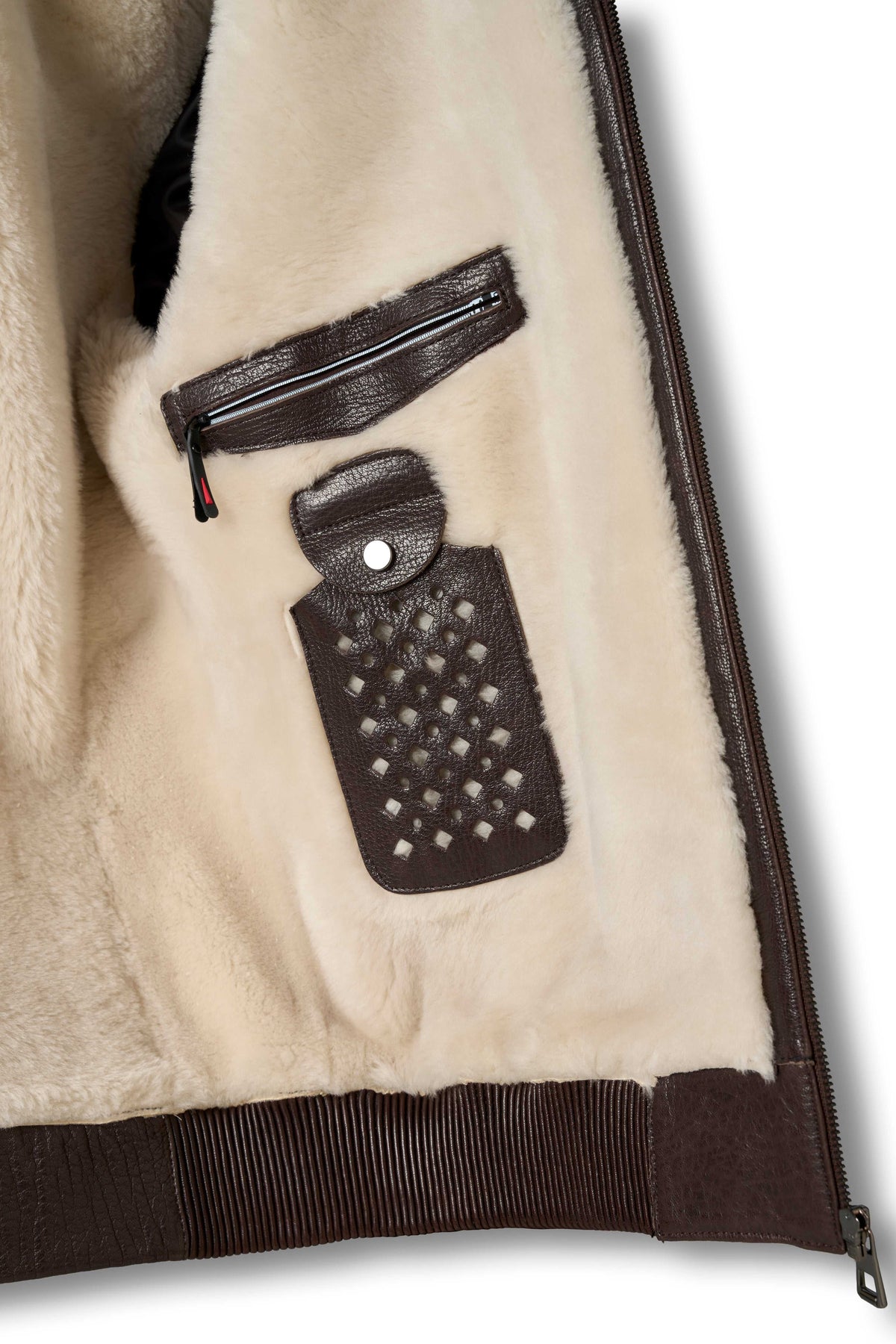Brown genuine shearling bomber leather jacket with natural cream lining